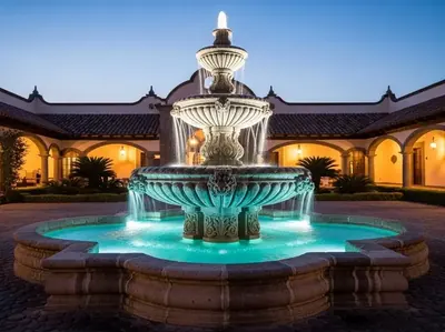 Fuente iluminada desde abajo con luz turquesa