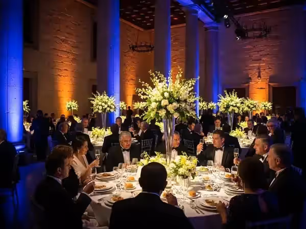 Columnas en azul y ámbar durante una cena formal con centros florales