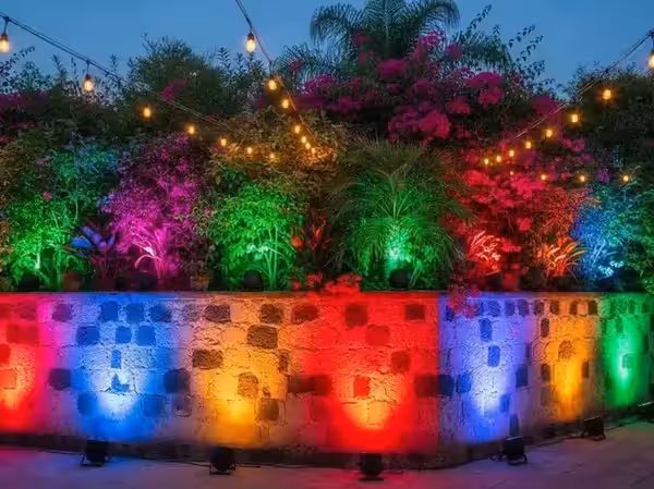Plantas y muro de jardín en varios colores RGB para fiesta tropical