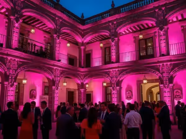 Patio colonial de coctel con varias zonas resueltas en magenta durante un evento corporativo