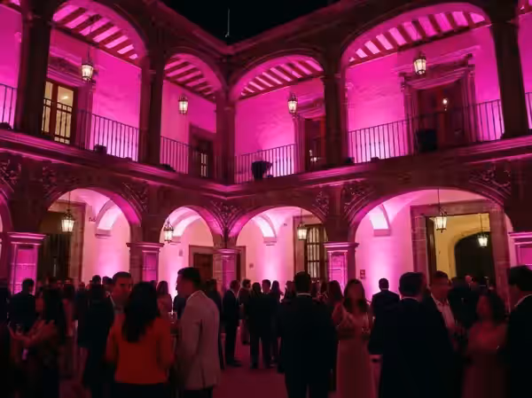 Patio de hacienda en rosa con la hilera de arcos coloniales encendida