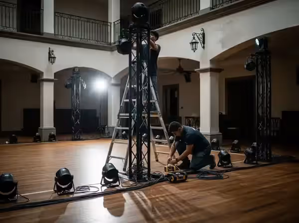 Instalación de equipo de iluminación en un salón de eventos antes del montaje