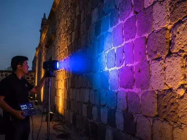 Técnico revisando la programación de color de una fachada colonial de noche