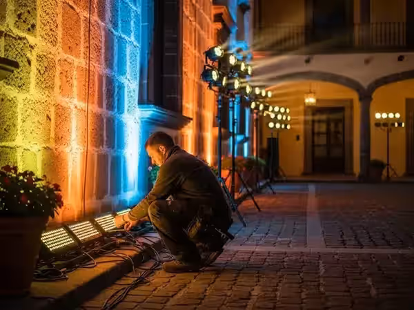 Técnico ajustando la iluminación multicolor de una fachada durante el montaje