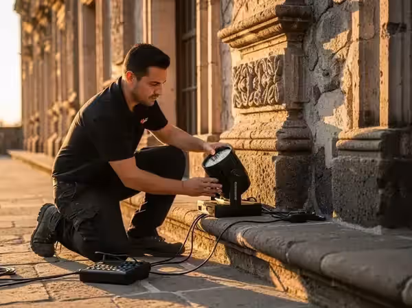 Técnico colocando un reflector LED al pie de una fachada colonial