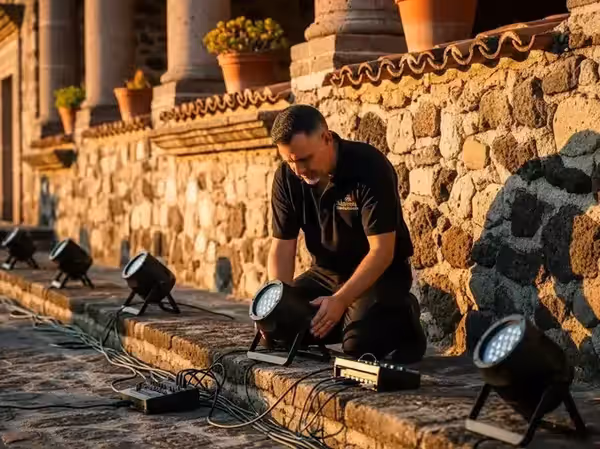 Técnico instalando reflectores a batería sin cables en el piso