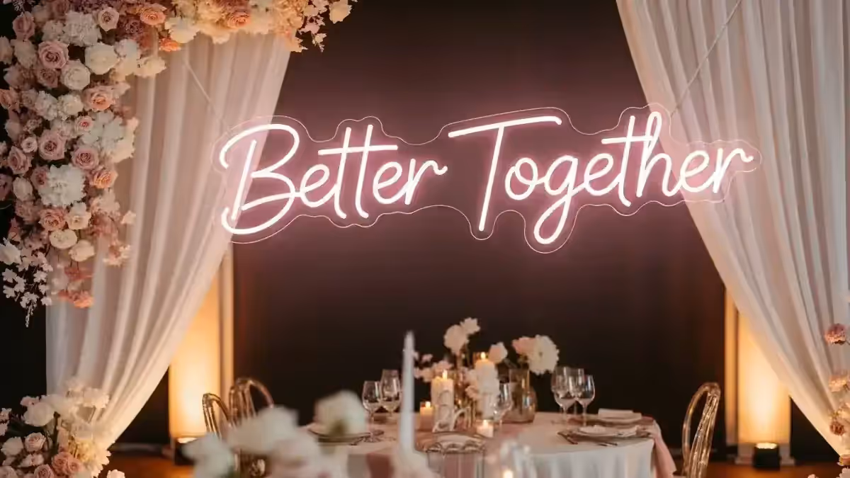 Letrero de neón LED con la frase Better Together sobre la mesa de novios, entre cortinas blancas y un arco de rosas