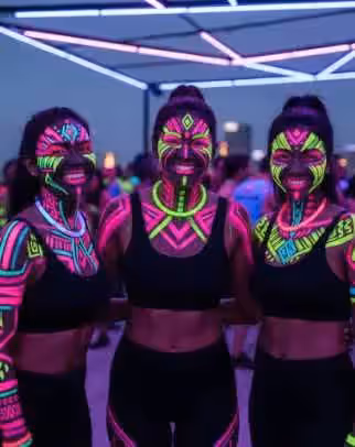 Tres invitadas con pintura facial fluorescente y collares neón que brillan bajo luz ultravioleta, con tiras de neón en el techo