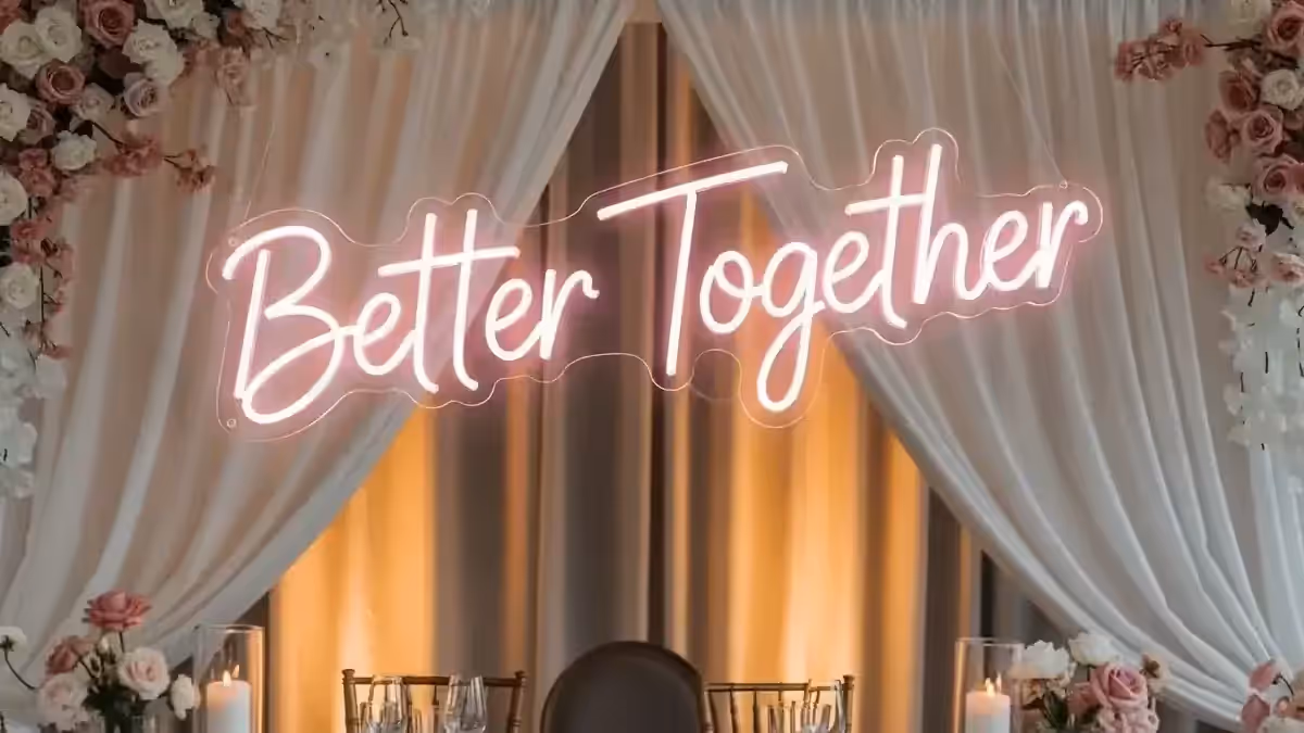 Letrero de neón LED blanco con la frase Better Together sobre cortinas blancas, con arreglos de rosas y mesas montadas al frente