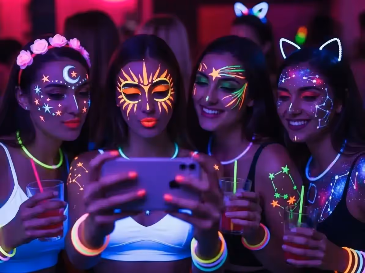 Pista de baile bañada con luz negra UV en fiesta neón