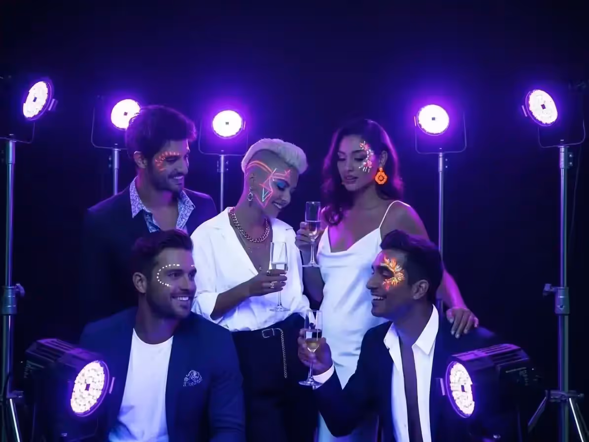 Grupo de personas con maquillaje fluorescente rodeado de lámparas UV en tripiés y en el piso que bañan la escena de luz violeta