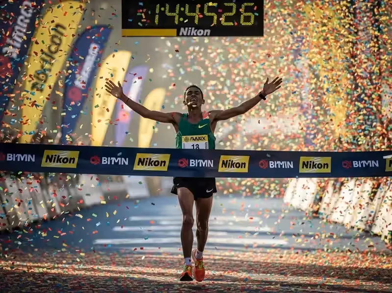 Confeti de colores en meta de maratón ganador