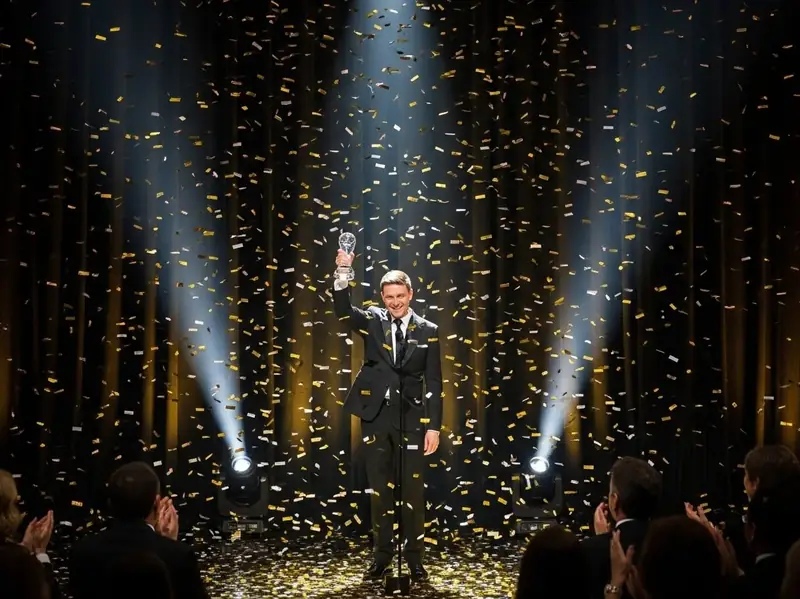 Confeti dorado en premiacion y escenario con ganador