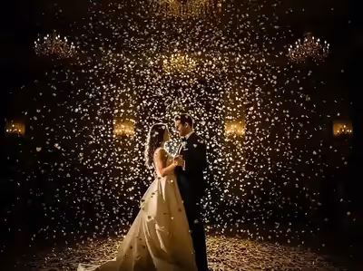 Confeti dorado en primer baile de novios
