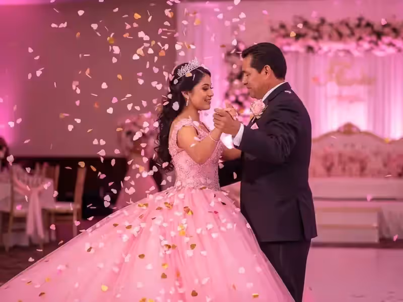 Confeti dorado en el vals de la quinceañera