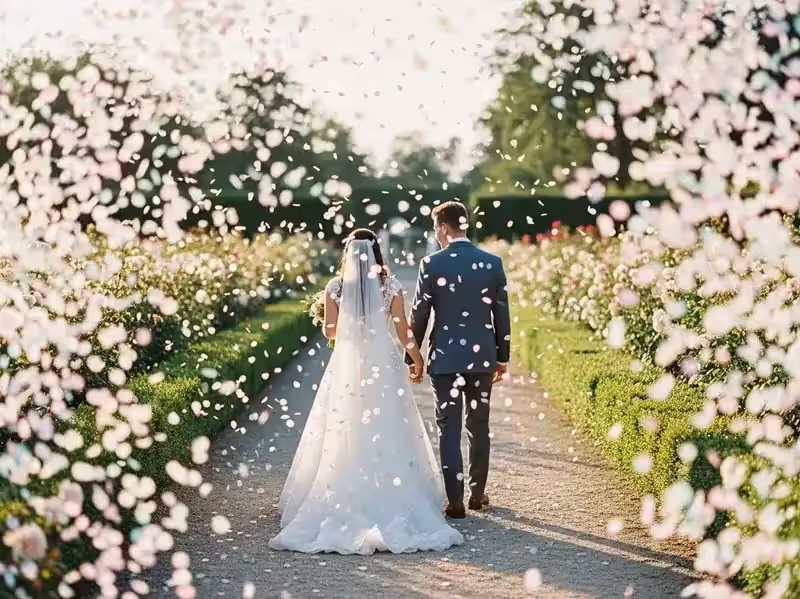 Confeti pétalos biodegradable en camino de novios en jardín