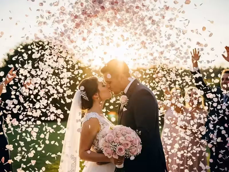 Confeti rosa al atardecer con beso de novios