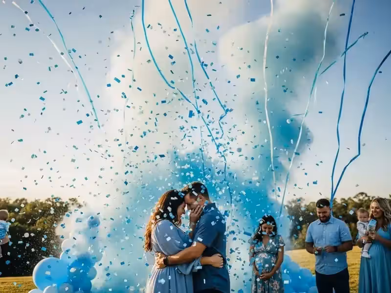 Explosión de confeti rosa en gender reveal de niña