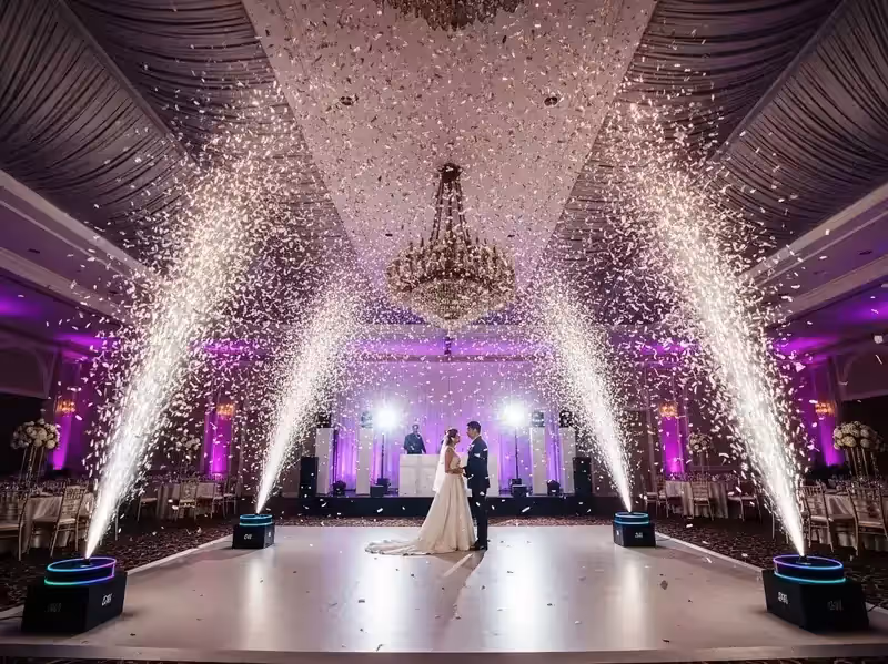 Lluvia de confeti con chispas frías y candelier en boda