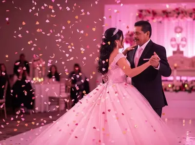 Lluvia de confeti corazones en vals de XV años vestido rosa CDMX