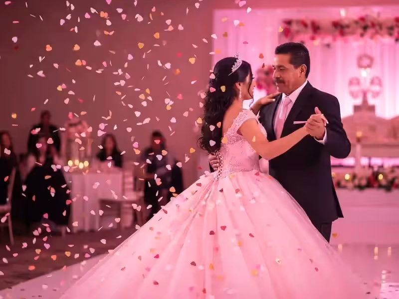 Lluvia de confeti de corazones en XV años