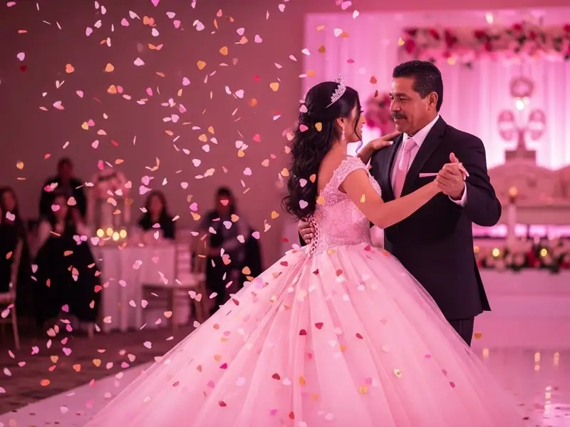 Lluvia de confeti de corazones en vals de XV anos con vestido rosa