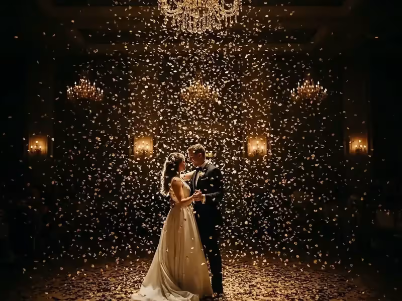 Lluvia de papelitos en boda elegante con candelabros