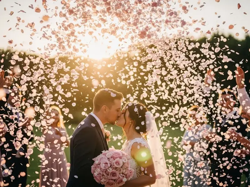 Lluvia de petalos de rosa en boda exterior romantica