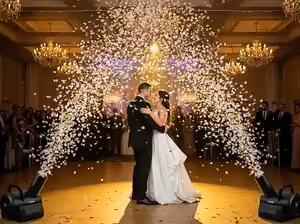 Máquina de confeti para primer baile de boda - Lluvia de papelitos dorados en salón elegante CDMX