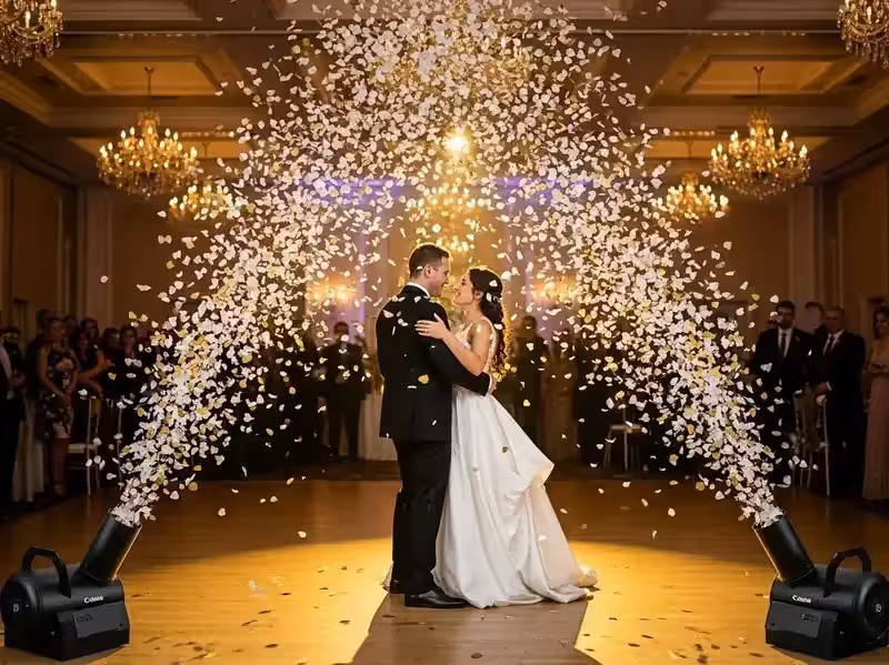 Máquina de confeti en primer baile en salón elegante