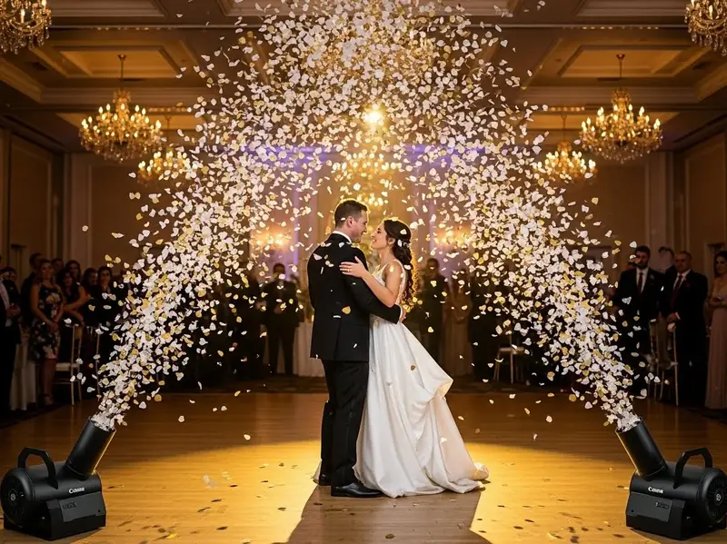 Maquina de confeti para primer baile de boda en salon elegante CDMX