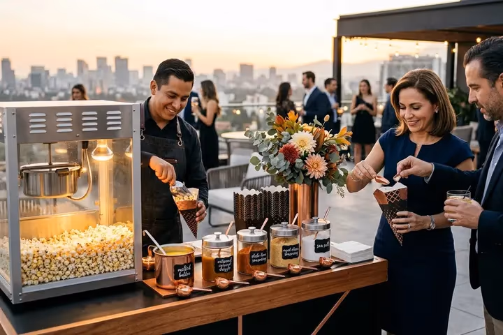 Barra de palomitas con toppings y aderezos en evento temático