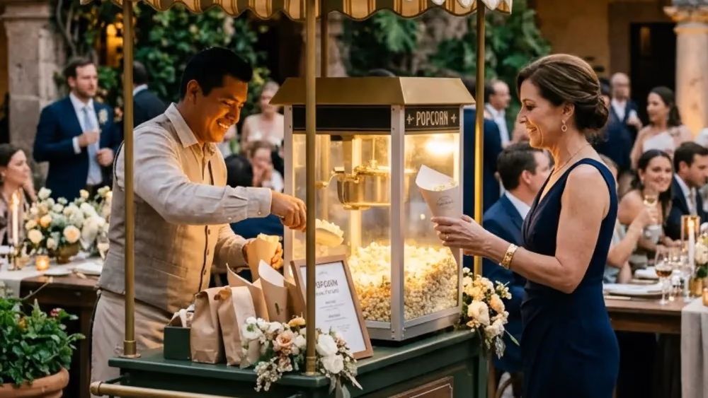 Carrito de palomitas retro montado en boda de hacienda