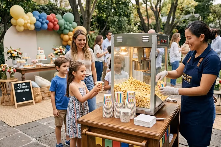 Máquina de palomitas con operador en evento al aire libre