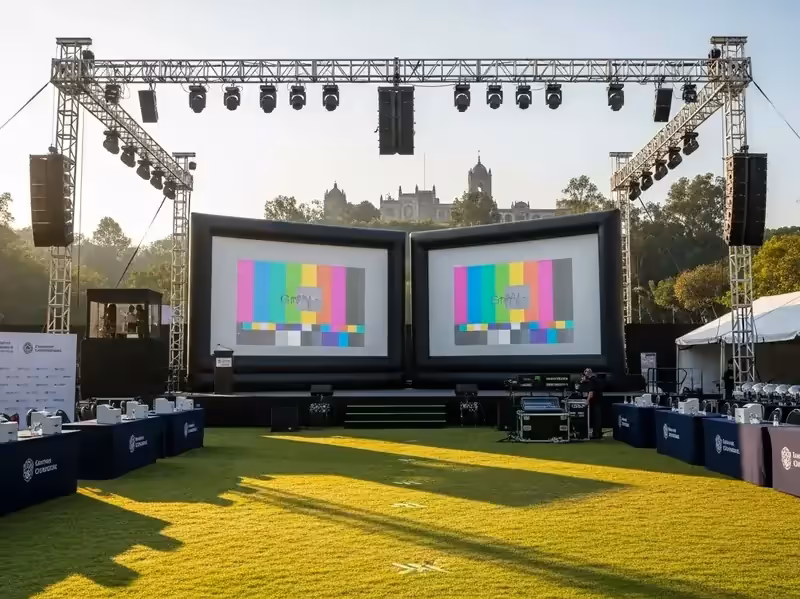 Pantalla de cine inflable en posada navideña