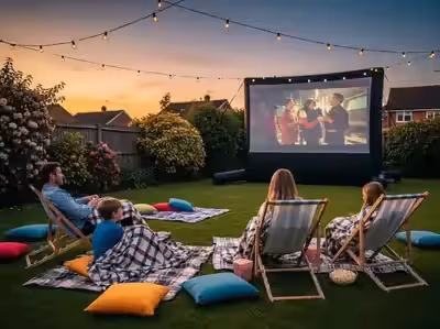 Pantalla inflable montada en hacienda para boda