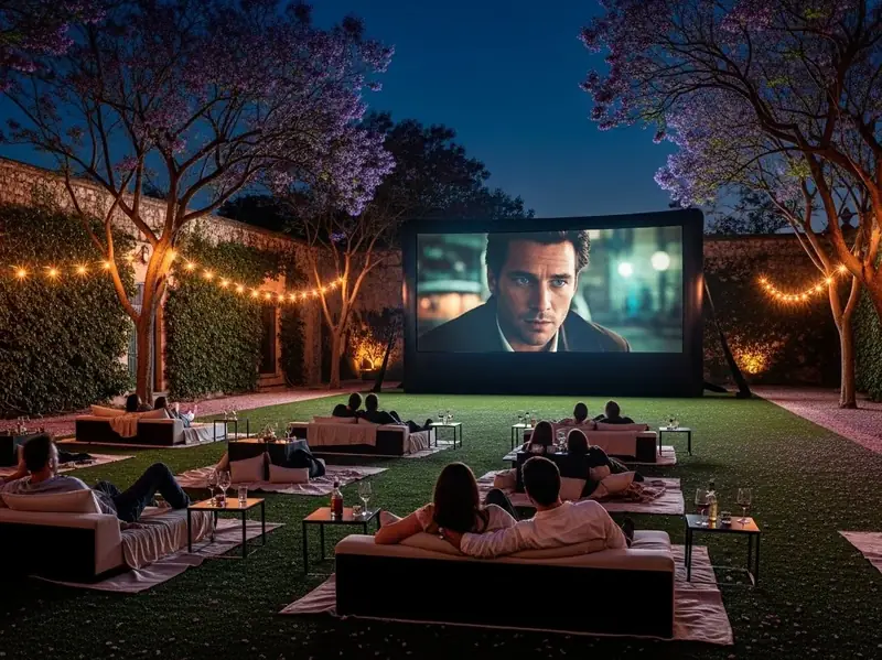 Pantalla inflable en cumpleanos infantil con ninos viendo pelicula