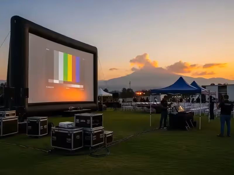Pantalla inflable para función de cine en evento escolar