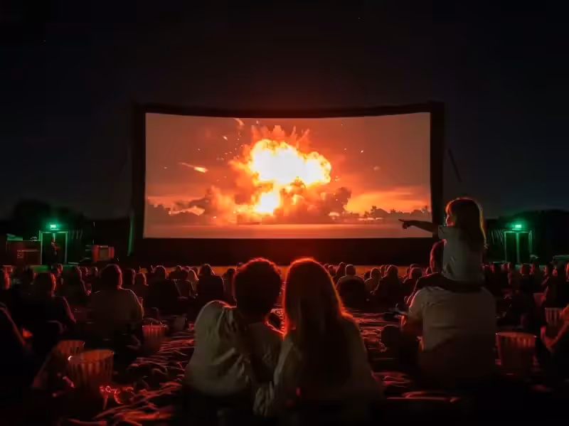 Pantalla de cine inflable en evento familiar al aire libre