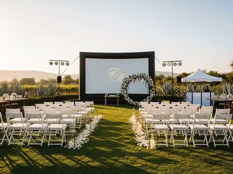 Pantalla de cine inflable en fiesta temática nocturna