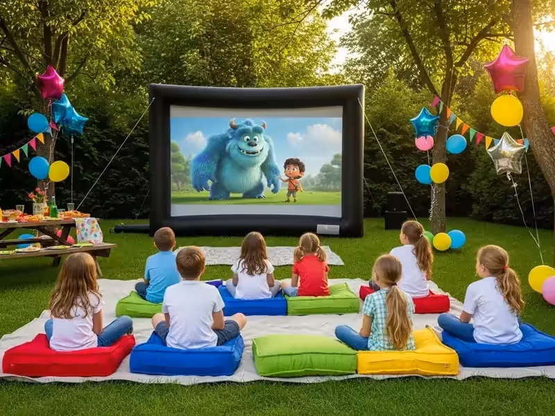 Pantalla inflable montada y calibrada para función nocturna