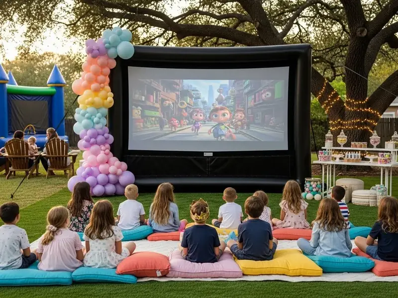 Pantalla inflable grande en fiesta de XV anos en jardin