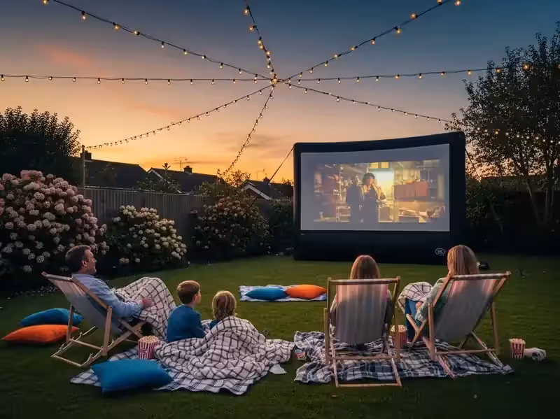 Proyector y pantalla inflable en fiesta nocturna