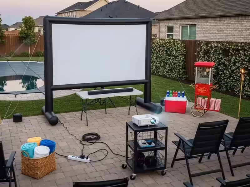 Videojuegos proyectados en pantalla inflable en noche de gaming