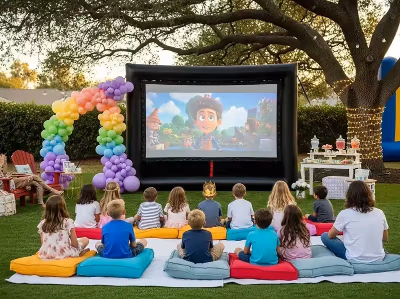 Pantalla de cine inflable montada en terraza rooftop