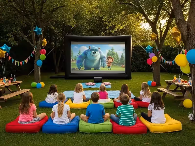 Pantalla inflable para cine exterior montada en jardín