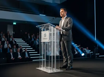 Conferencia corporativa con podium acrílico en auditorio con luces azules CDMX