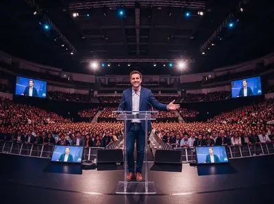 Conferencia masiva con podium acrílico y pantallas en auditorio CDMX