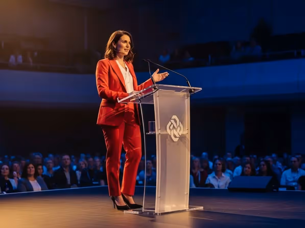 Mujer ejecutiva en podium de acrílico en auditorio grande