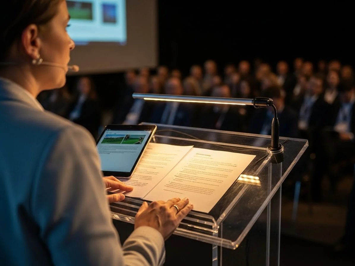 Conferencia con mujer ejecutiva usando podium de acrilico y tablet